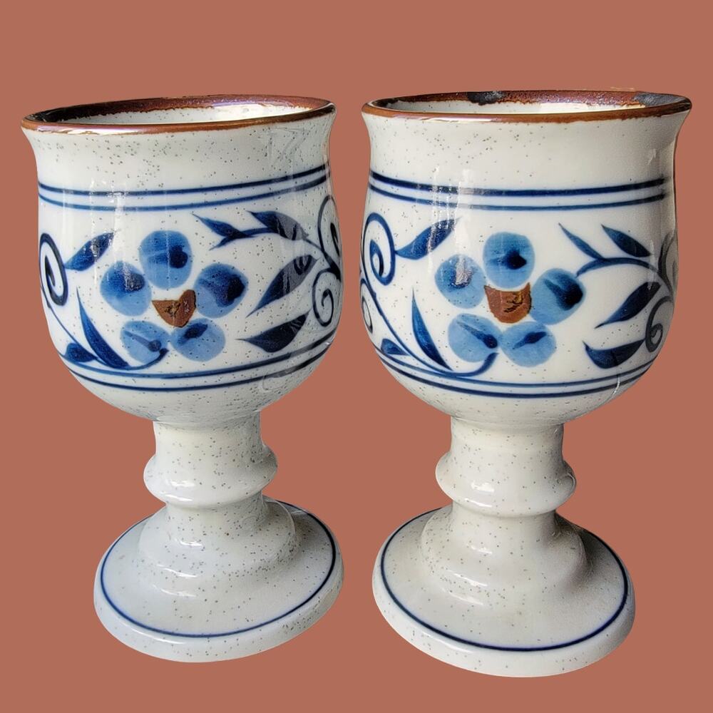 Vintage 1980s Otagiri Hacienda Stoneware Wine Goblets with Navy Flowers